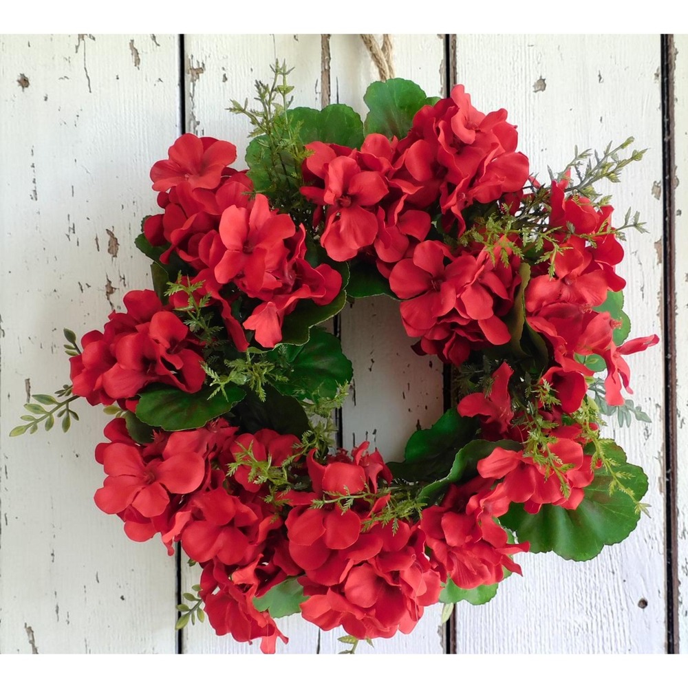 Small Red Geranium Wreath, Spring Summer, Housewarming Gift, Cabinet Wreath - Picture 1 of 6